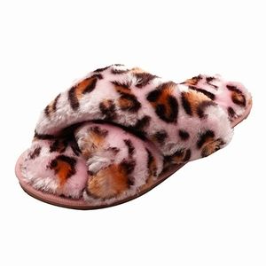 Cross Band Soft Leopard Plush Slippers